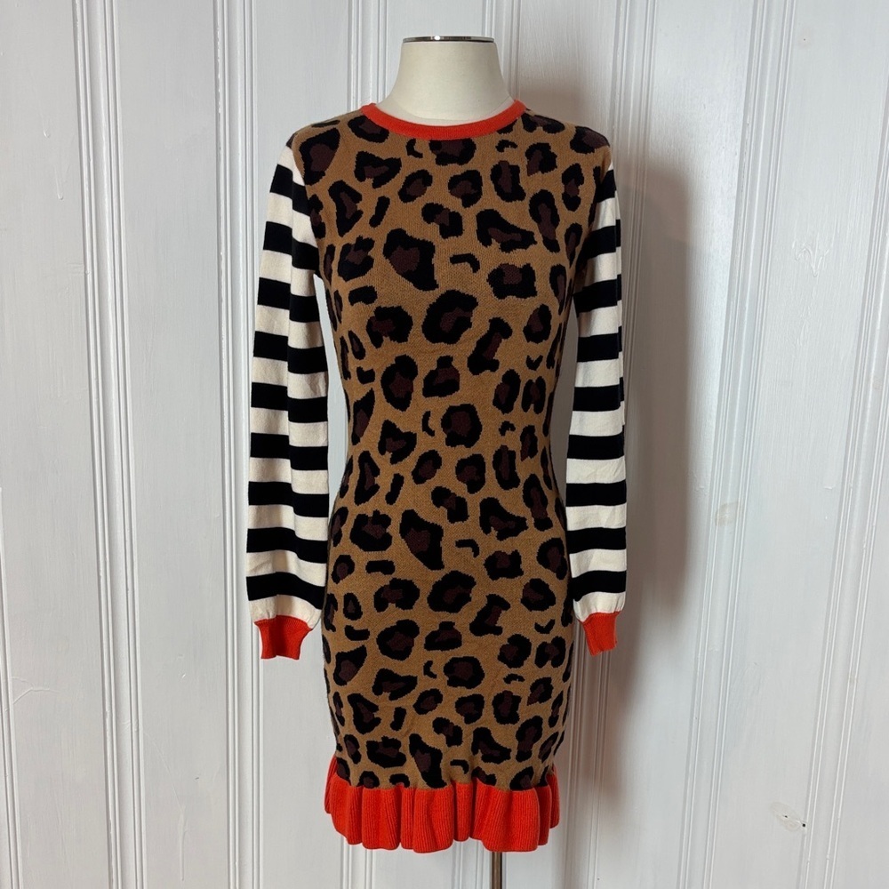 🐆 NEVER FULLY DRESSED Mixed-Pattern Knit Dress (stripes & leopard) – size S